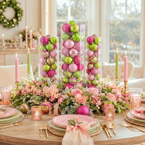 Lunmon 64 Pcs Lime Green Pink Christmas Ornaments Sets Polka Dot Xmas Balls