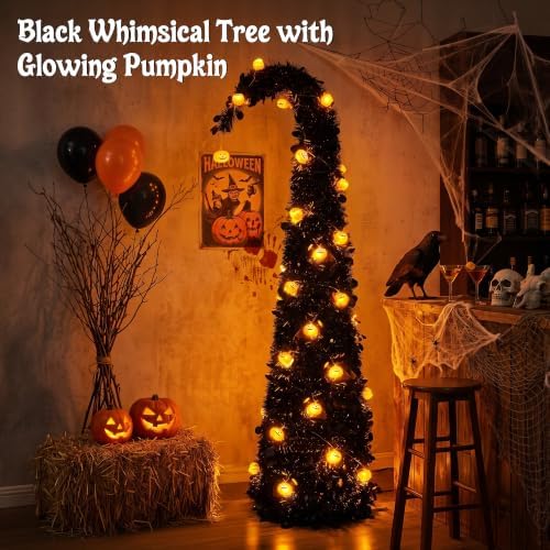 Brizled Prelit Black Halloween Tree, 5 ft Fall Tree with LED Pumpkin Lights