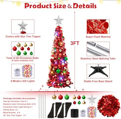 N&T NIETING Pop Up Christmas Tree with Lights & Ornaments, 3FT, Red