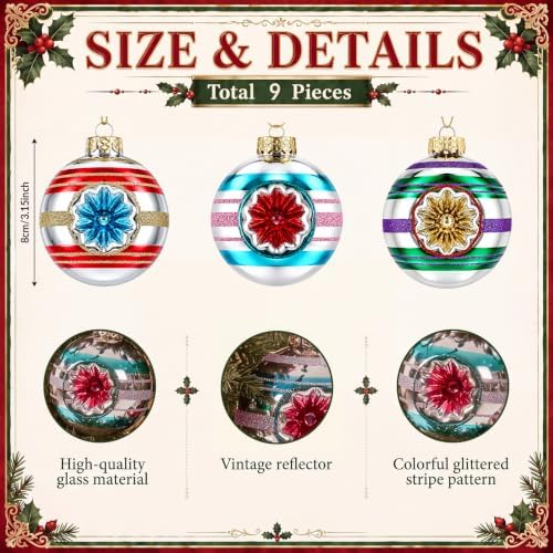 9 Pcs Christmas Vintage Glass Reflector Ornament,Retro