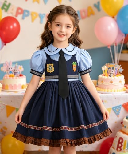 Kids Police Officer Costume Dress Set with Bunny Headband Socks, Girl Halloween Rabbit Cosplay Halloween Set 3-9Y