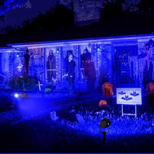 Halloween Blue Landscape Lights Outdoor, 14 LED Landscape Lighting with US Plug, IP65 Waterproof Spotlights for Tree Yard Garden Pathway Christmas Decor 8 Pack