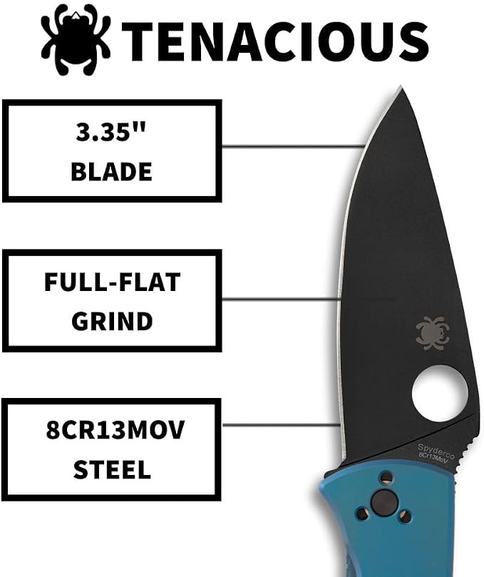Spyderco Tenacious Folding Pocket Knife, PlainEdge | 7.74" Overall Length, 3.3" 8Cr13MoV Steel Blade, Blue, Titanium Handle, R.I.L Lock, Full-Flat Grind