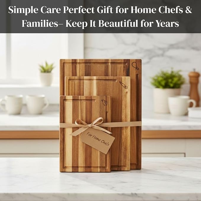 Acacia Wood Cutting Board Set of 3 with Stand, Thick Butcher Block Boards w/Deep Juice Grooves for Meat Prep & Serving, Premium Solid Hardwood, Non-Toxic, BPA-Free by New M Way