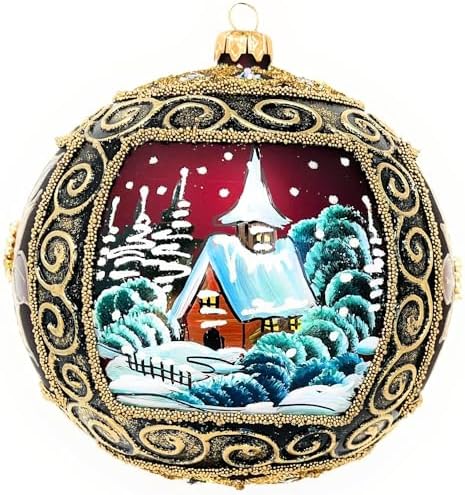 Hand Blown Glass Ball Christmas Ornament, 6 in, Winter Charm Burgundy