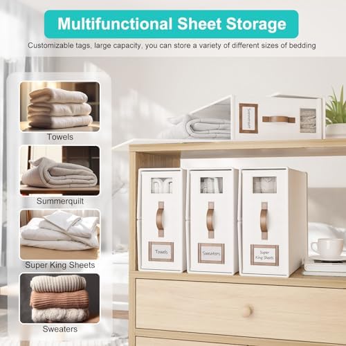6 Pack Bed Sheets Organizers And Storage,Sheets Set Folder Keeper with Handle,Foldable Bedding Storage Box For Linen Closet,Duvet Cover(Cal King Size-5.2 Gal,White)