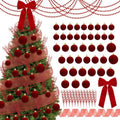 56 Pcs Christmas Tree Decorations Bow Topper Ornaments Flocking Balls Red Berry Picks Webbing Beaded Necklace Christmas Tree Hanging Ornaments for Xmas Home Office Decorations