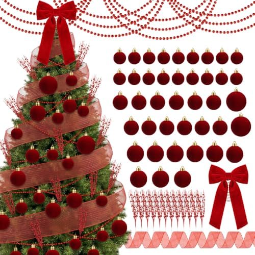 56 Pcs Christmas Tree Decorations Bow Topper Ornaments Flocking Balls Red Berry Picks Webbing Beaded Necklace Christmas Tree Hanging Ornaments for Xmas Home Office Decorations