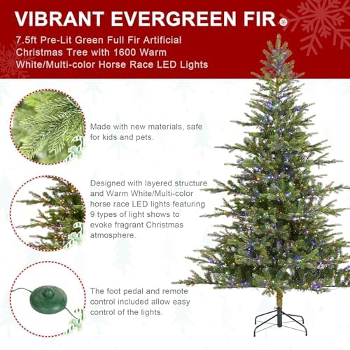 Glitzhome Prelit Christmas Tree, 7.5ft Green Full Christmas Tree Vibrant Evergreen Fir with 1,600 Warm White/Multi-Color Lights, 9 Function w/Foot Pedal and Remote Control,Easy Assembly