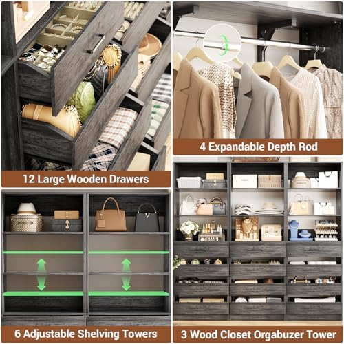 Aheaplus Closet System, 138.5" Closet Organizer with 12 Drawers & 4 Rods