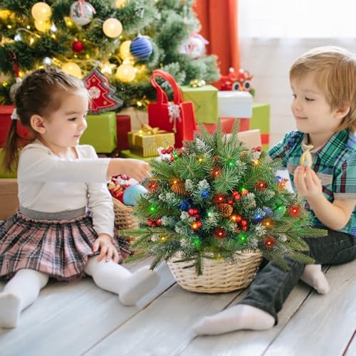 Christmas Tree Urn Filler, Battery Operated with Timer, Pre-lit Warm White & Multi-Color Changing LED Lights, Artificial Xmas Tree for Porch, Pathway, Yard, Outdoor Holiday Decoration (1, with Snow)