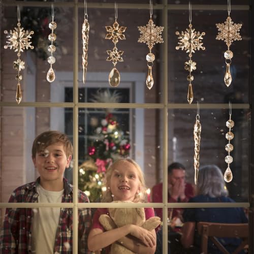 GuassLee 36pcs Crystal Christmas Tree Ornaments - Champagne Color Acrylic Snowflake Icicle Drop Crystal Hanging Ornaments for Christmas Tree Wonderland Frozen Themed Birthday Party Decor
