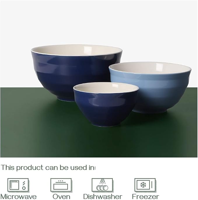 DOWAN Mixing bowls, 4.25/2/0.5 Qt Ceramic Mixing Bowls for Kitchen, Large Salad Serving Bowls, Nesting Mixing Bowls Set, Microwave Safe, Blue