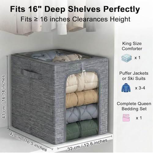 GoMaihe Blanket Storage Bins with Metal Frame for Closet, 55L 4-Pack Grey