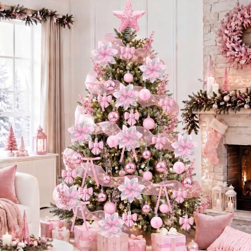 78 Pcs Christmas Tree Decorations Star Topper Ornaments Artificial Poinsettia Flowers Pink Balls Velvet Bow Berry Picks Christmas Tree Hanging Ornaments for Xmas Home Office Decorations