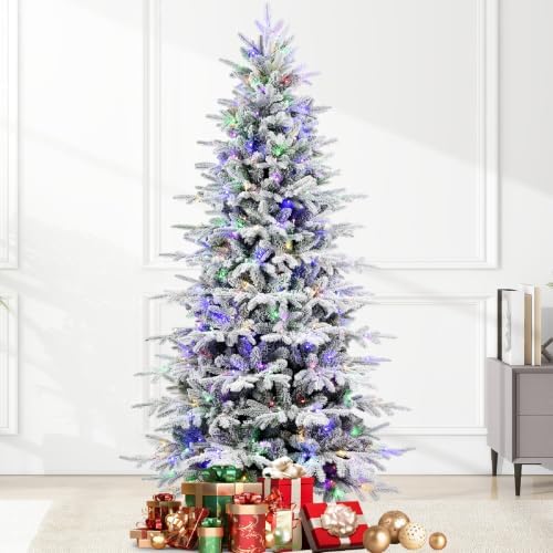 YUNKE 8FT Prelit Flocked Christmas Tree with Fluffy Tips & 9 Lighting Modes