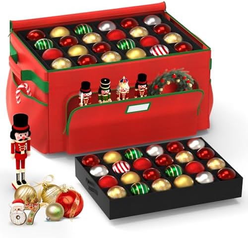 Ornament Storage Box, Large Christmas Ornament Storage Box, Stores 72 4'' Ornaments , Ornaments Storage Containers with 3 Trays, Durable and Portable, 600D Tear-Proof Material, Extra Pockets Red