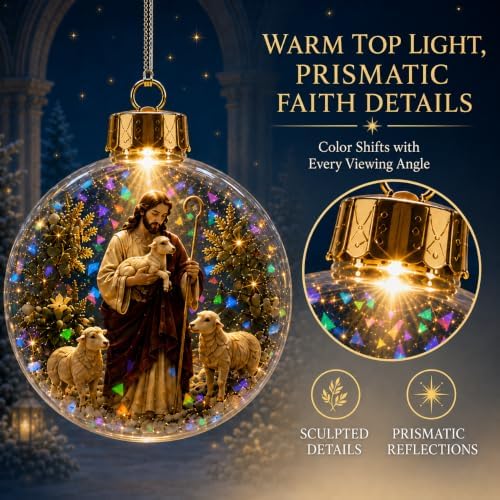 Lighted Good Shepherd Christmas Ornament with Prismatic Sparkle, 3.15 Inch