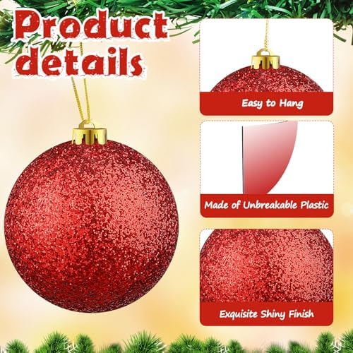 Deekin 8 Pack Large Christmas Ball Ornaments, 6 Inch Red Glitter Jumbo Ball