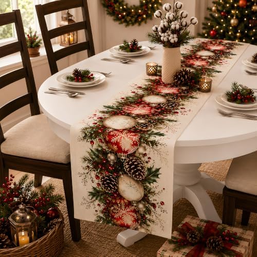 Christmas Decorations - Xmas Balls Snowflake Pine Cone Table Runner