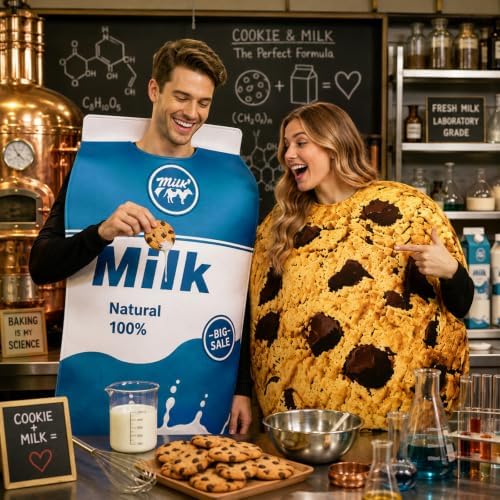 Milk and Cookie Couples Costume for Adults, Funny Halloween Matching Food Cosplay Outfit Set for Men Women, Cute Dessert Theme Party Dress Up Costume
