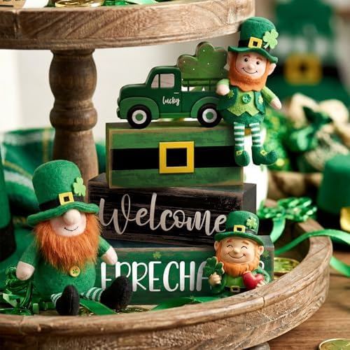 Lineshading 4 Pcs Wooden Leprechaun Block Signs Tiered Tray Decor
