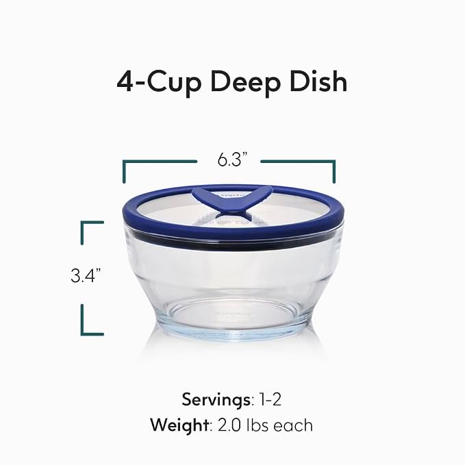 Anyday 4-Cup Glass Food Storage with Lid (Clear Blueberry) | Round Deep Dish, Plastic-Free Meal Prep, Microwave Cookware, Stackable Airtight Storage Container, Microwave Steamer