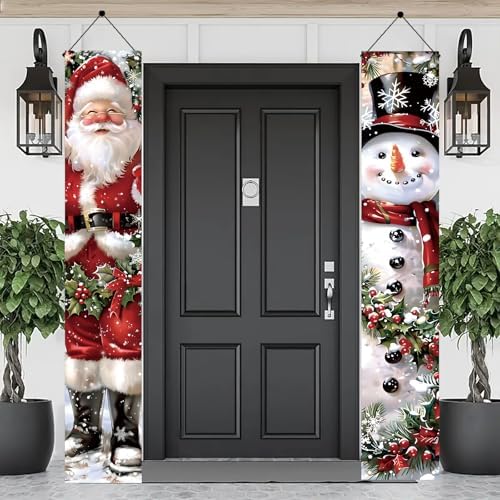 2PCS Christmas Porch Banner Decorations 71 x 12 Inch Santa and Snowman Hanging Sign Outdoor Vertical Front Door Holiday Banner for Winter Yard Party Home Wall Entryway Decor