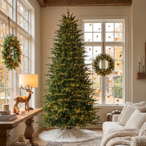 Glitzhome Prelit Artificial Christmas Tree, 9ft Full Realistic Majestic Memory Fir with 4,444 Tips and 3,000 Twinkling Micro Lights, 10 Lighting Functions w/Remote Control for Indoor Holiday Decor