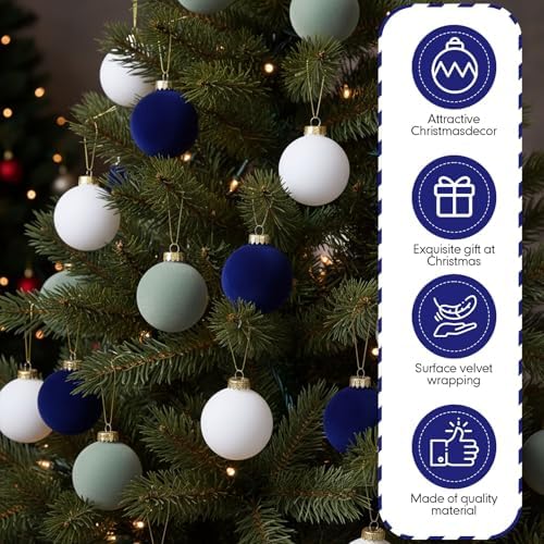 Gemscream 30 Pcs Velvet Christmas Balls, 3.15" Flocked Blue Ornaments, Blue