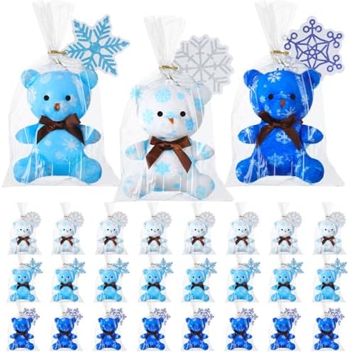 Poen 27 Pack Winter Party Favors Snowflake Mini Plush Bears with Cards Set Small Stuffed Animal Classroom Gifts for Holiday School Students Kids Exchange Prize Reward Gifts Toy