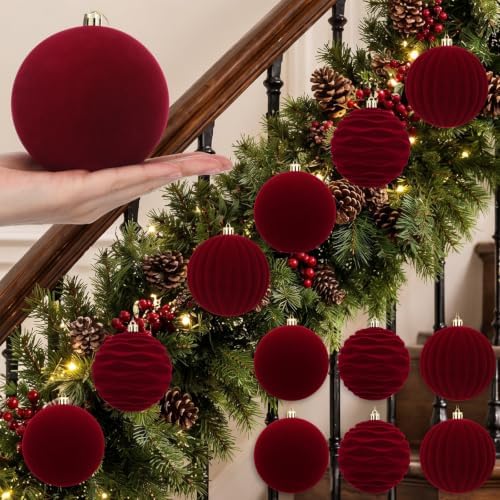 Hollowfly 6 pcs 4 Inch Burgundy Red Large Velvet Christmas Balls Ornaments