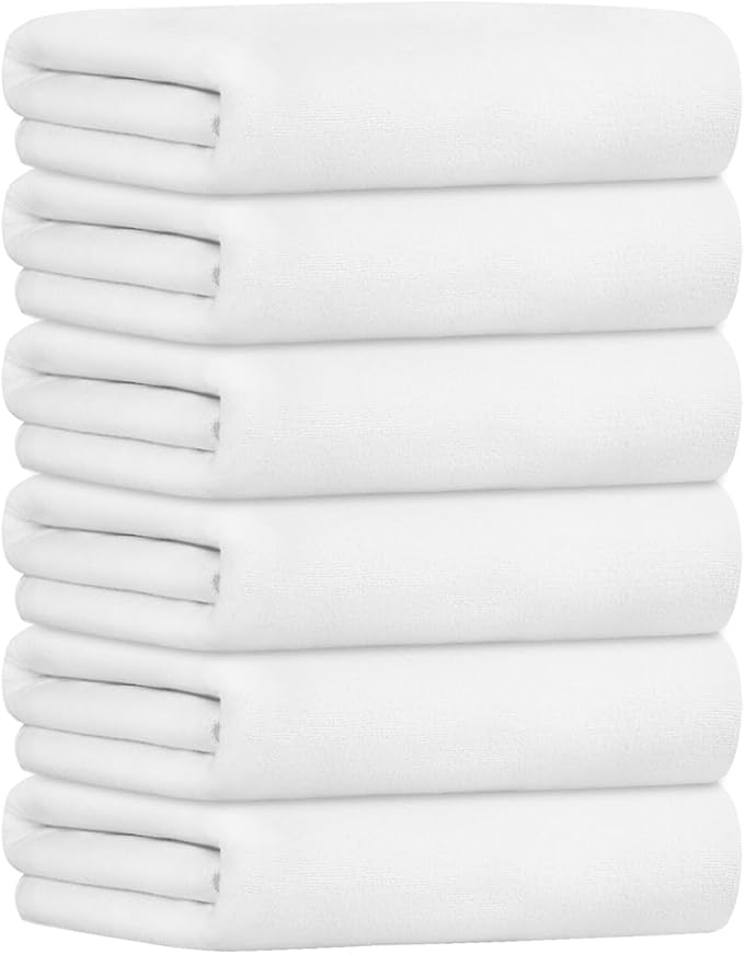 JML Bath Towels with Hanging Loop, White, 30" x 60", 6 Pack | Microfiber, Large,Soft, Absorbent, Quick-drying for Hair Wrap, Sauna, Dorm, Yoga