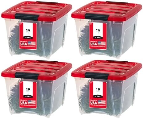 IRIS USA 4-Pack, 19 Qt. Holiday Storage Bin with Lids, Red