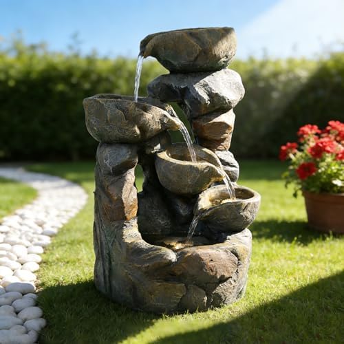 15.7" Resin Outdoor Stone Bowl Water Fountain with LED Lights