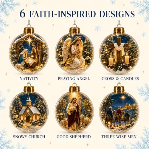 6 Pack Lighted Christian Christmas Ornaments, 3.15 Inch Religious Globes