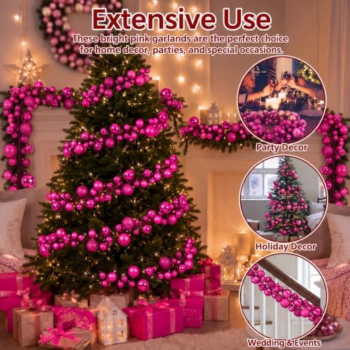 2 Pcs 6 ft Christmas Ball Ornament Garland, Hot Pink