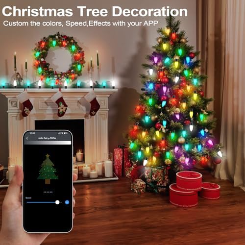 Gemce Smart C9 Christmas Outdoor Lights , 99FT 100 Leds, APP Remote Controlled RGB String Lights , DIY Chasing Xmas Lights, Color Changing with Timer & Music Sync for Holiday Xmas Tree Decoration