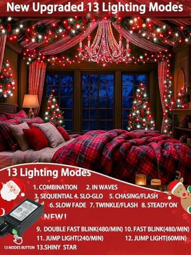 2 Pack 200 LED Christmas Lights 13 Modes Extendable Christmas Tree Lights