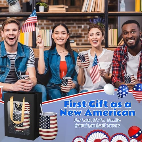 Patelai 30 Pcs 2026 American Flag Pattern Cups Gift Set for Men Women 12oz Stainless Steel Tumbler Mug Cups with Lid and Straw Pens and Card Set with Gift Bags for 4th of July 250th Memorial Day