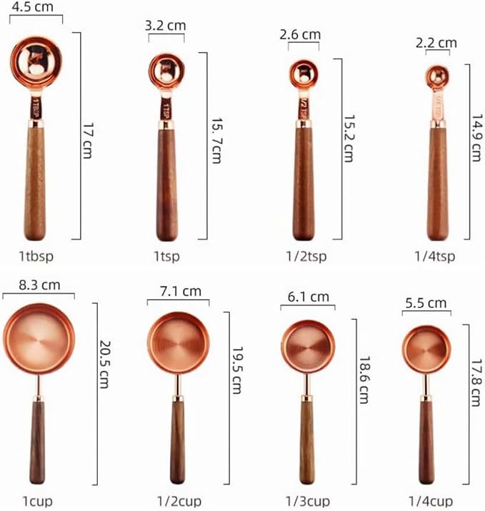Unomor 8pcs Walnut Handle Measuring Cups and Spoons Set, Golden Stainless Steel Baking Tools with Double Graduated Units, Easy to Use Multifunction Kitchen Gadgets for Precise Ingredient