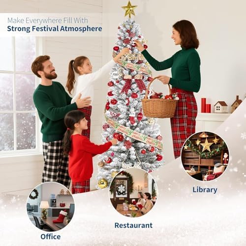 Garvee 6 ft Pencil Prelit Christmas Tree, Snow Flocked Xmas Tree