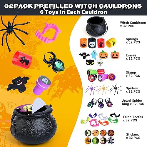 Shemira 256 PCS Halloween Party Favors Bulk for Kids, 32 Pack Prefilled Witch Cauldrons with Halloween Toys, Halloween Goodie Bag Fillers, Halloween Party Supplies, Halloween Miniatures Novelty Toys