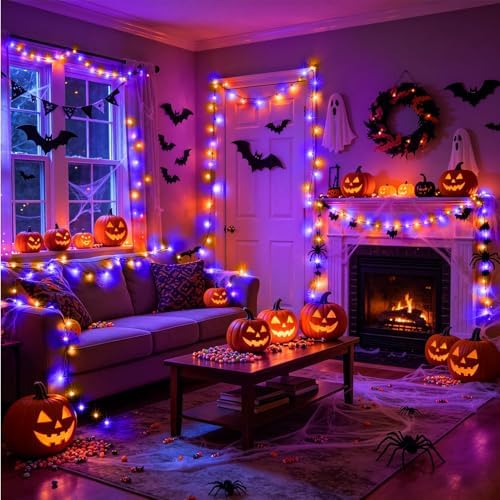 KNONEW Orange Purple Halloween Lights Outdoor 99FT 300 LED String Lights