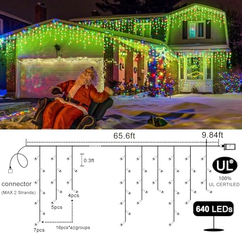 66FT Icicle Lights for Outside 640 LED Red and Green Christmas Lights