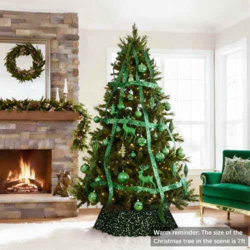 XmasExp Christmas Tree Collar, 33.5 inch Sequin Tree Skirt Stand Base Cover for Home Decor, Large Size 6 Piece, Green