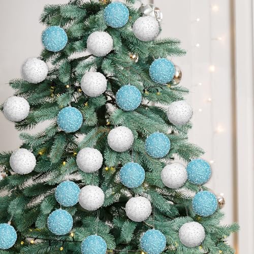 Lyrow 24 Pcs 3.15" Christmas Ball, White, Light Blue