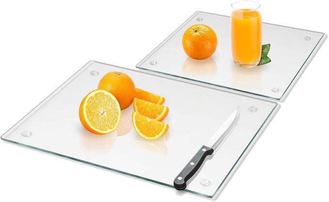 Mymonfif Tempered Glass Cutting Board for Kitchen, Clear Glass Board for Countertop, Heat Resistant, with Non-Slip Feet, 12x16" & 12x8" 2 Pcs Clear