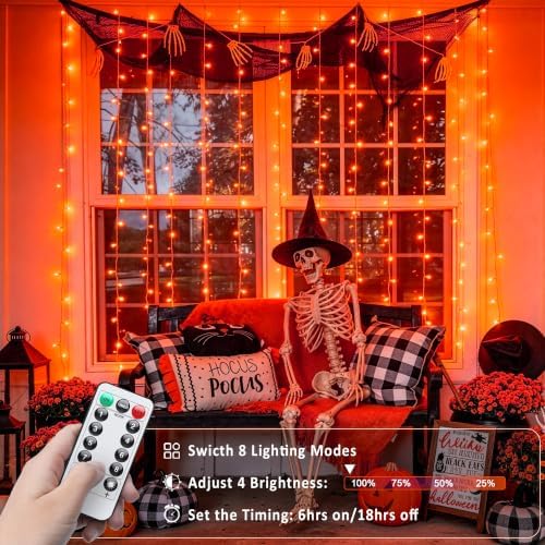 JMEXSUSS Orange Curtain Lights for Halloween, USB Plug in, 200 LED