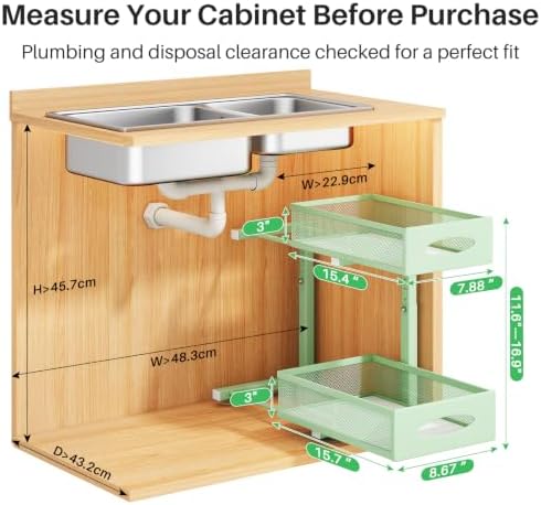 2 Pack Under Sink Organizer, 2 Tier Pull out Cabinet Organizer Mesh Baskets with 5 Adjustable Heights, Sliding Drawers Storage Shelf for Home, Kitchen, Bathroom, Pantry, Office, Countertop ,Green